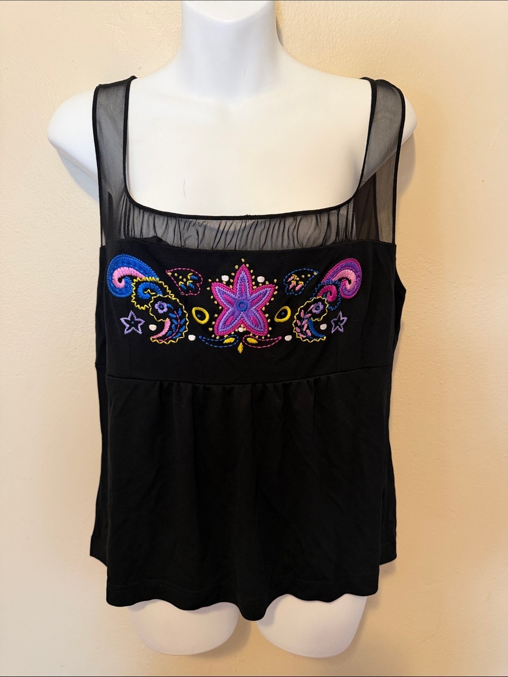 Adrianna Papell Black Sleeveless Mesh Yoke Top with Multicolor Floral Embroidery
